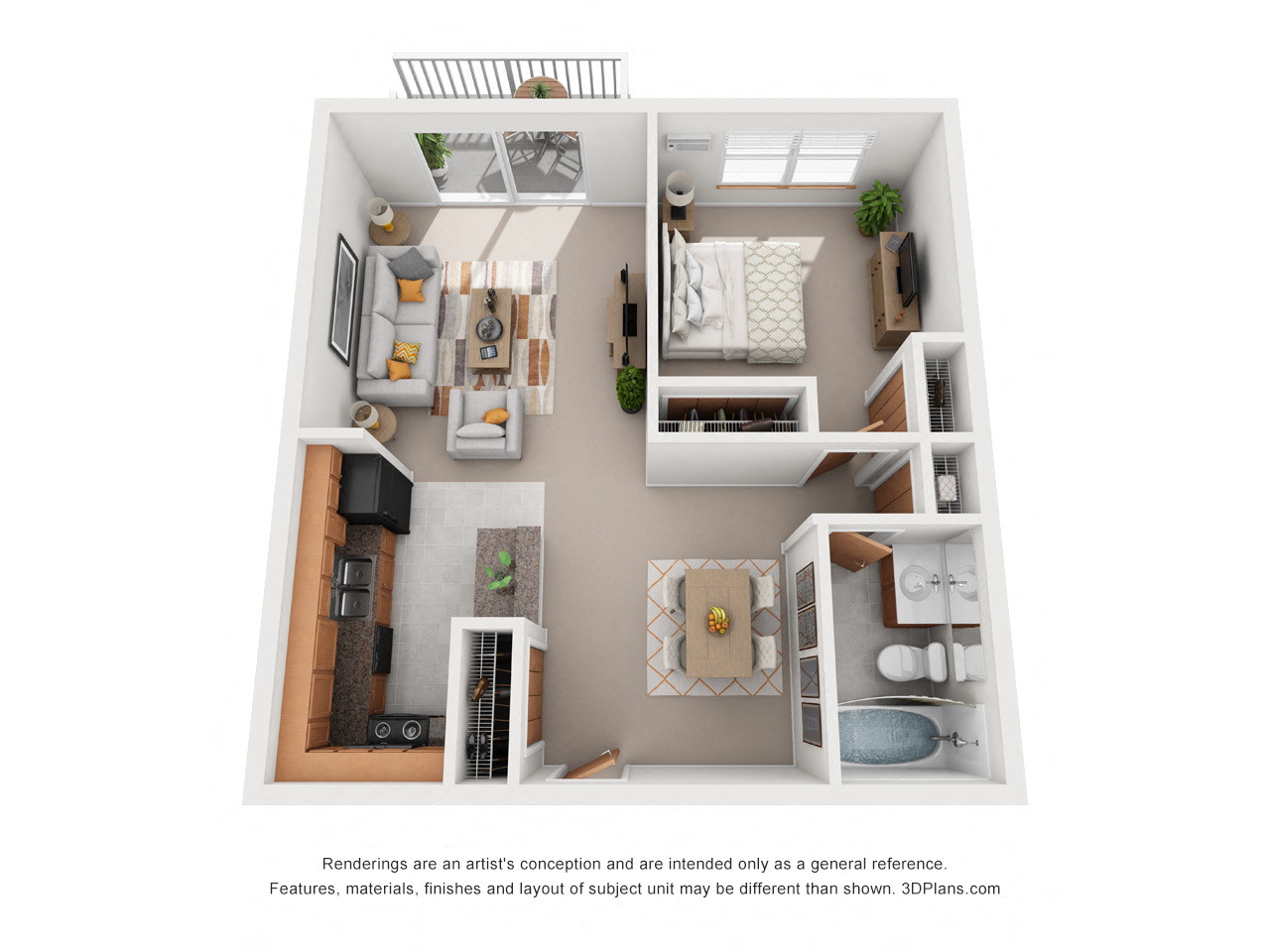 Floor plan for 1 bed, 1 bath, 728 sqft